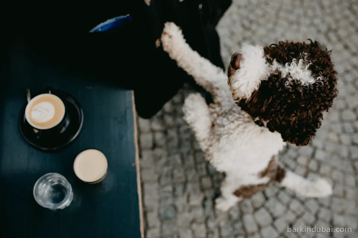Dog beside a coffee cup at an outdoor cafe