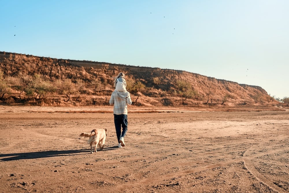 Family on a walk with their dog