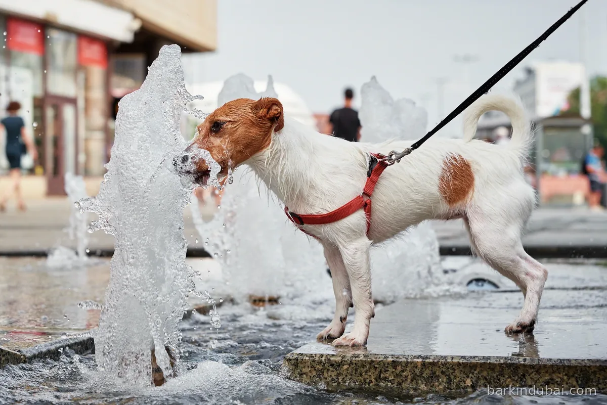 Dog playing in a fountain on a sunny day