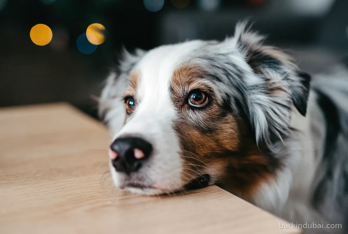 Dog resting its head on a wooden table indoors