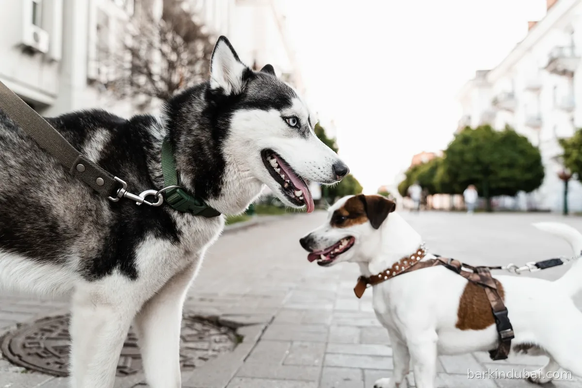Two dogs greeting each other on a city sidewalk while their owners hold the leads