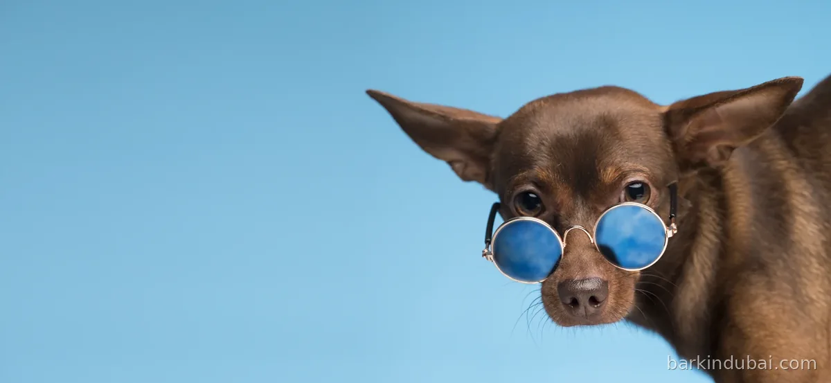 Dog wearing sunglasses against a bright blue background